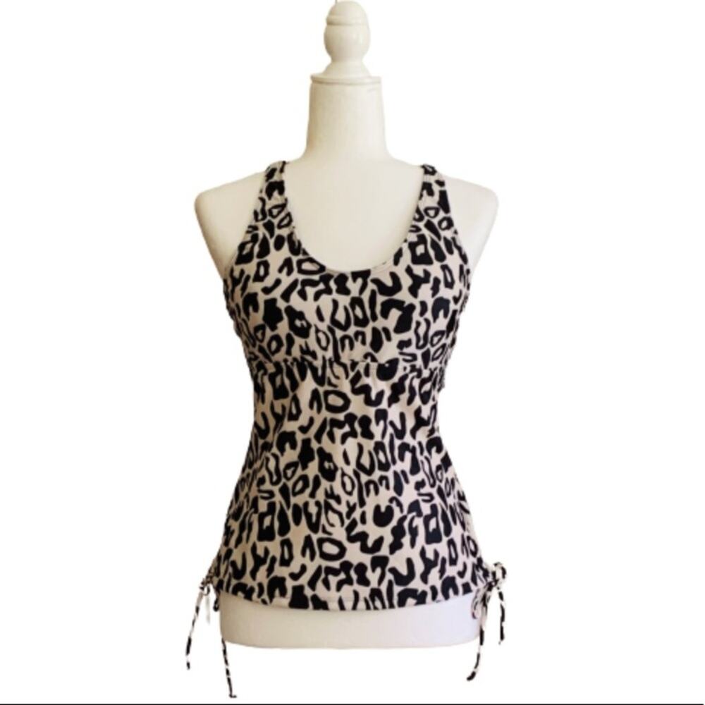 Esprlia Tankini Animal Print Black Cream Crisscross Straps Swim Top Medium